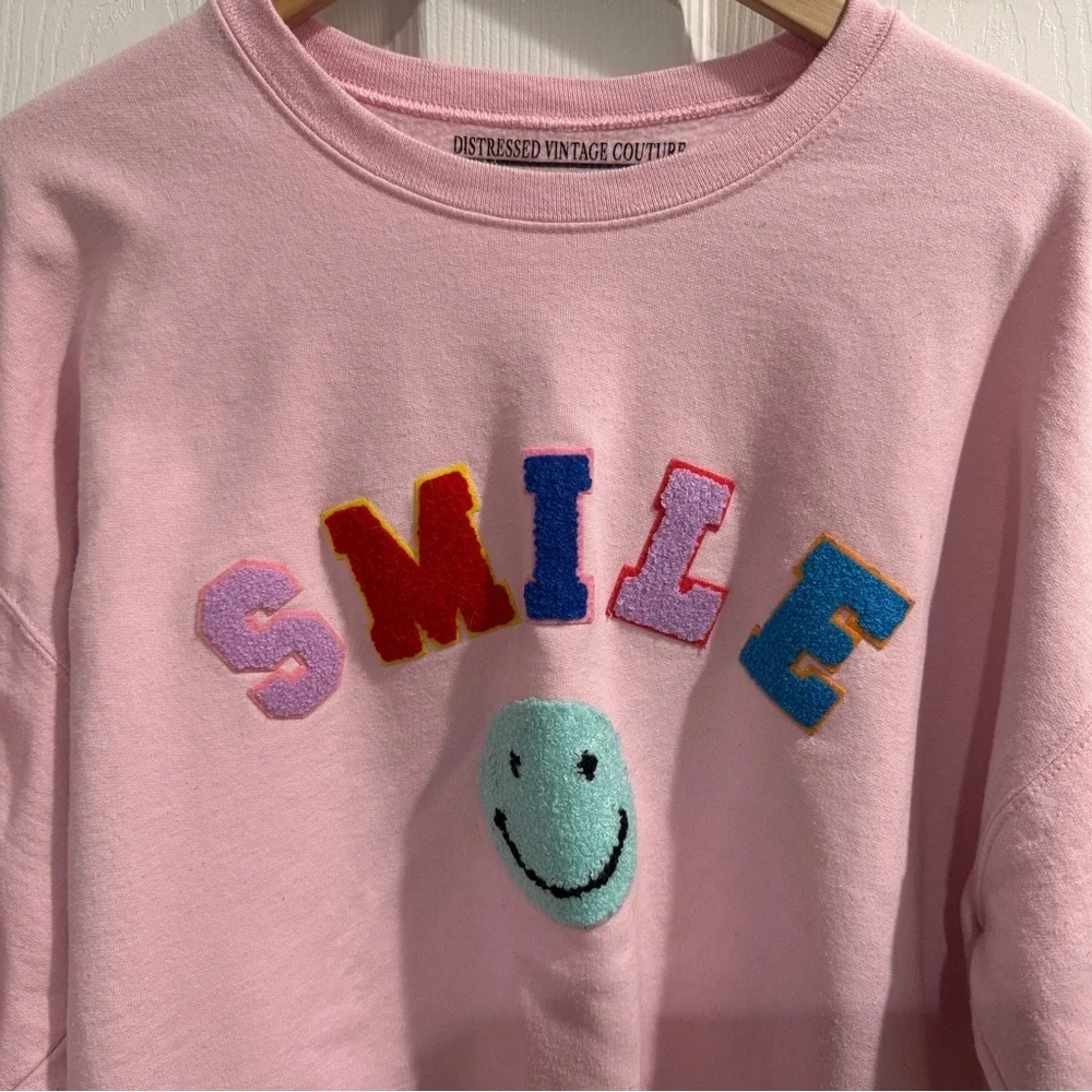 Distressed Vintage Couture Pink Rainbow SMILE Sweatshirt kidcore teachercore